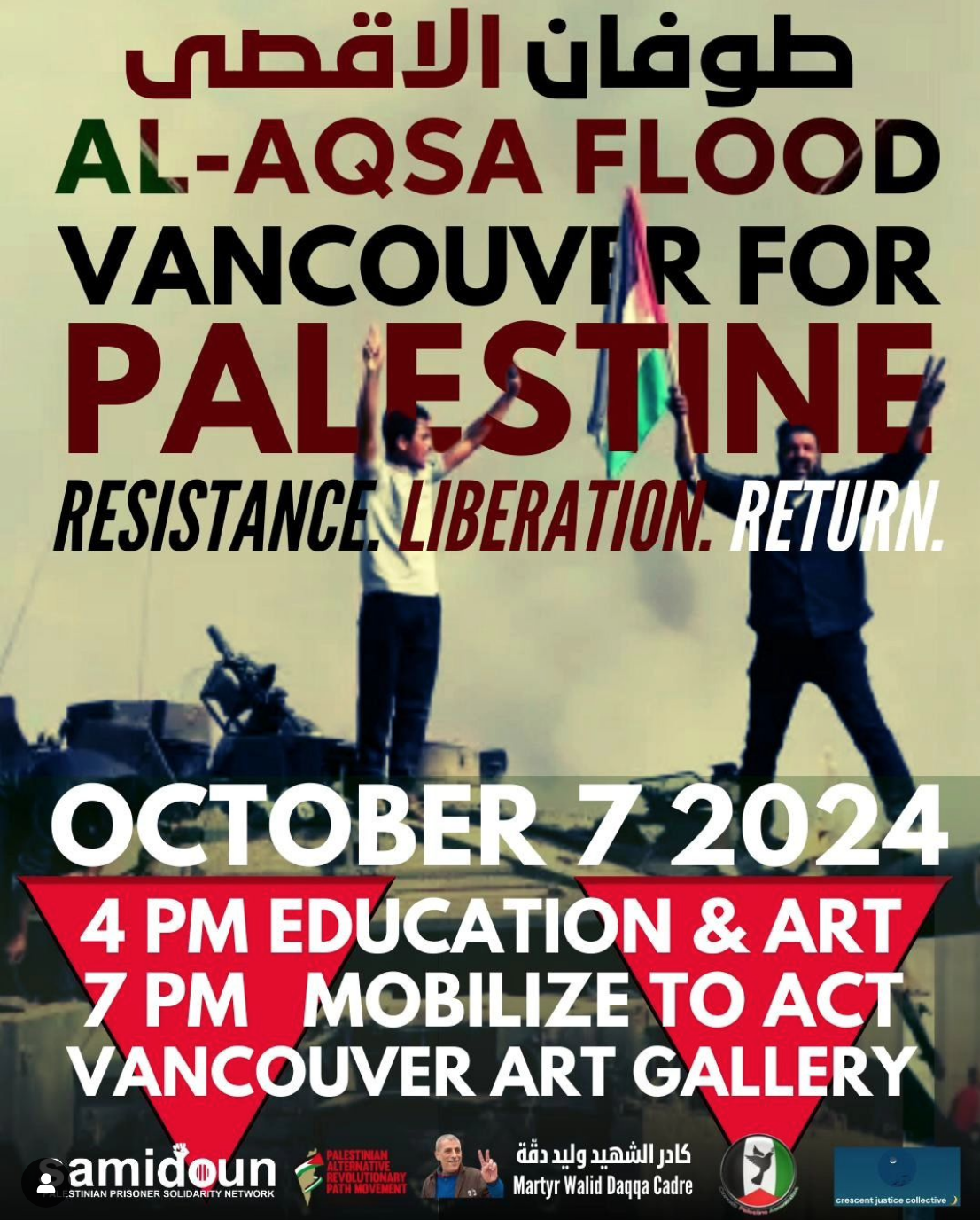 Text that reads: Threading Hope: Tatreez and Tea for Gaza and lists event details, as well as an image of embroidered cloth on a blue background