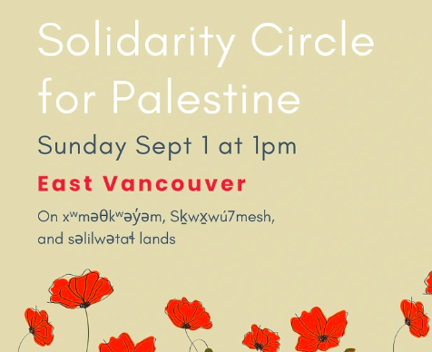 a poster for a solidarity circle for palestine with red flowers