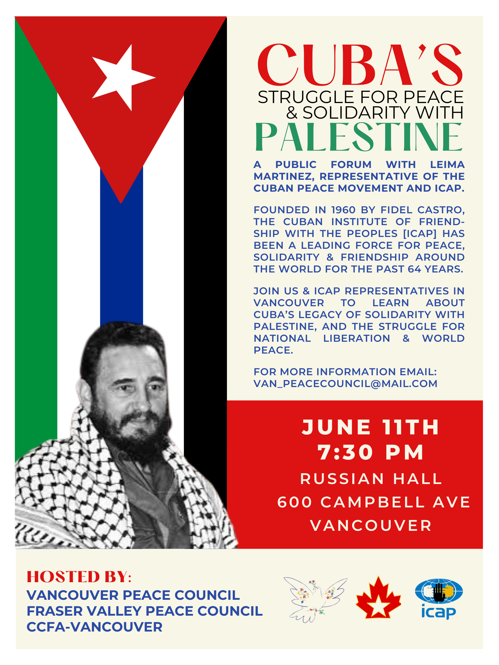 A poster advertising the Cuba solidarity event, showing Leima Martinez wearing a keffiyeh with a blended Cuba-Palestine flag
