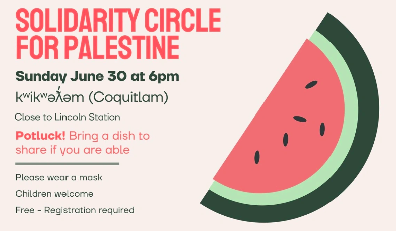 a poster for a solidarity circle for palestine event with a slice of watermelon