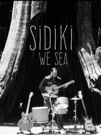 a man playing a guitar and drums in front of a tree with the words sidiki, we sea written above him