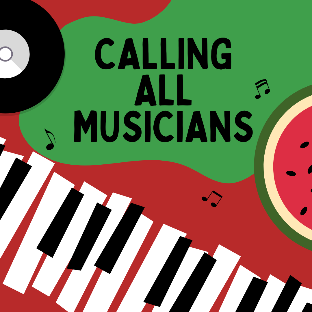 a poster for calling all musicians with a piano, watermelon and music notes