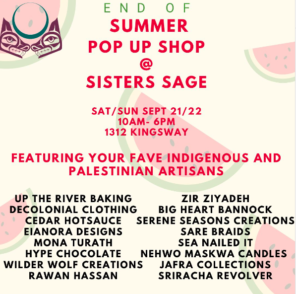A yellow and pink poster for the end of summer pop up shop at sisters sage featuring favourite Indigenous and Palestinian artisans.