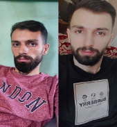 Two side-by-side pictures of Fahed Abu Zaida, a Palestinian man. In the left photo, he appears weakened, has a black beard and is wearing a red shirt sitting in front of a blue wall. In the right photo, he has a beard, appears healthy, wears a black shirt, and is seated on a red and gold chair.