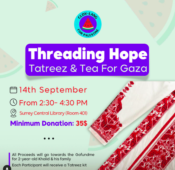 Text that reads: Threading Hope: Tatreez and Tea for Gaza and lists event details, as well as an image of embroidered cloth on a blue background