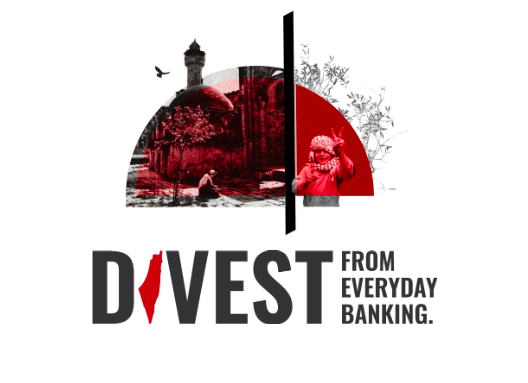 A white background with an image shows a person praying at a mosque and a child wearing a keffiyeh and showing a peace sign. Below the image, grey text says "Divest From Everyday Banking"