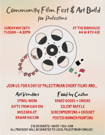 a poster for the community film fest and art build for palestine showing event details and an image of a film reel