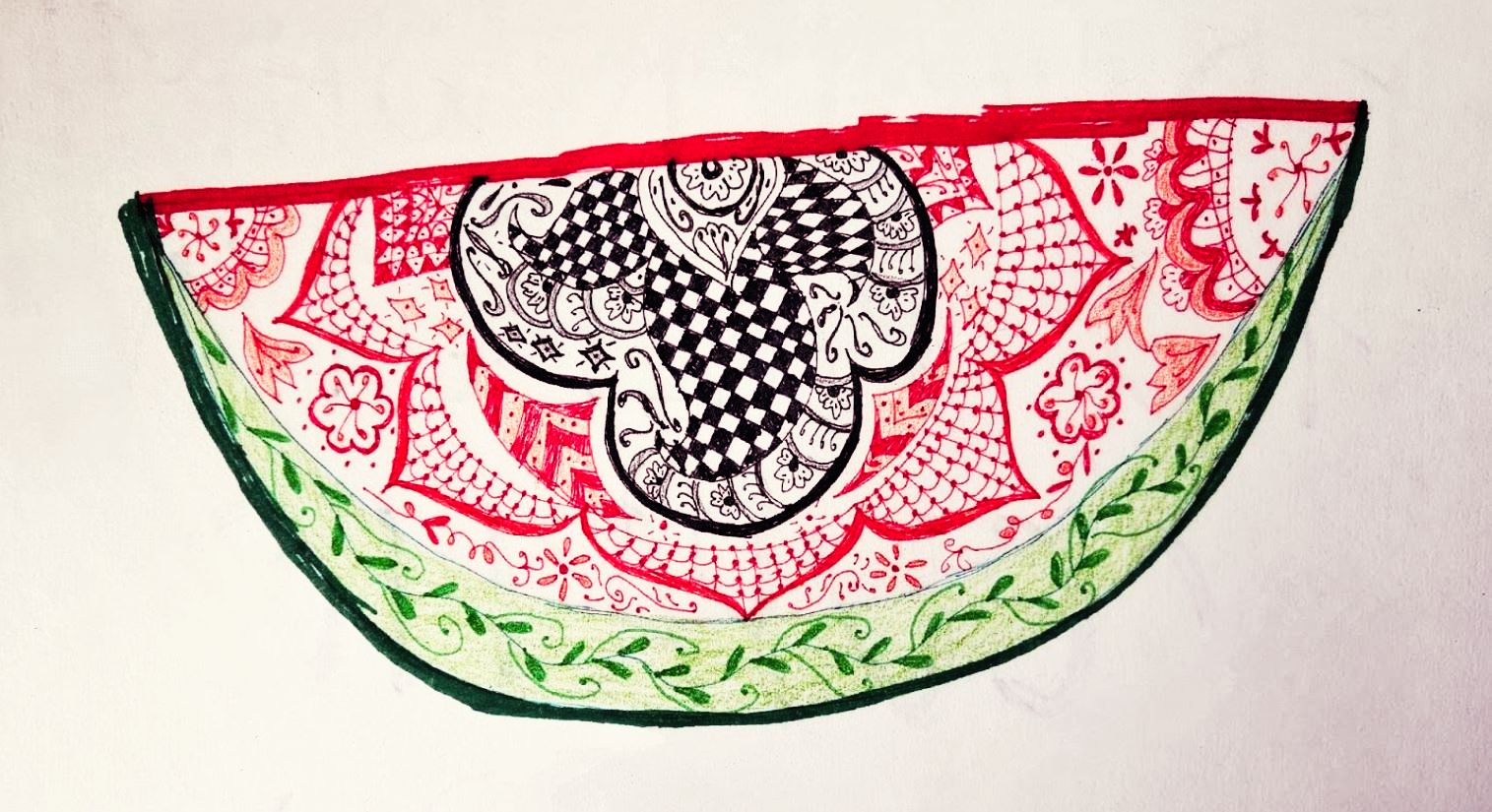 Artwork depicting half a watermelon in red, black, and green ink drawn using Mehendi/Henna/Madarangi patterns. 