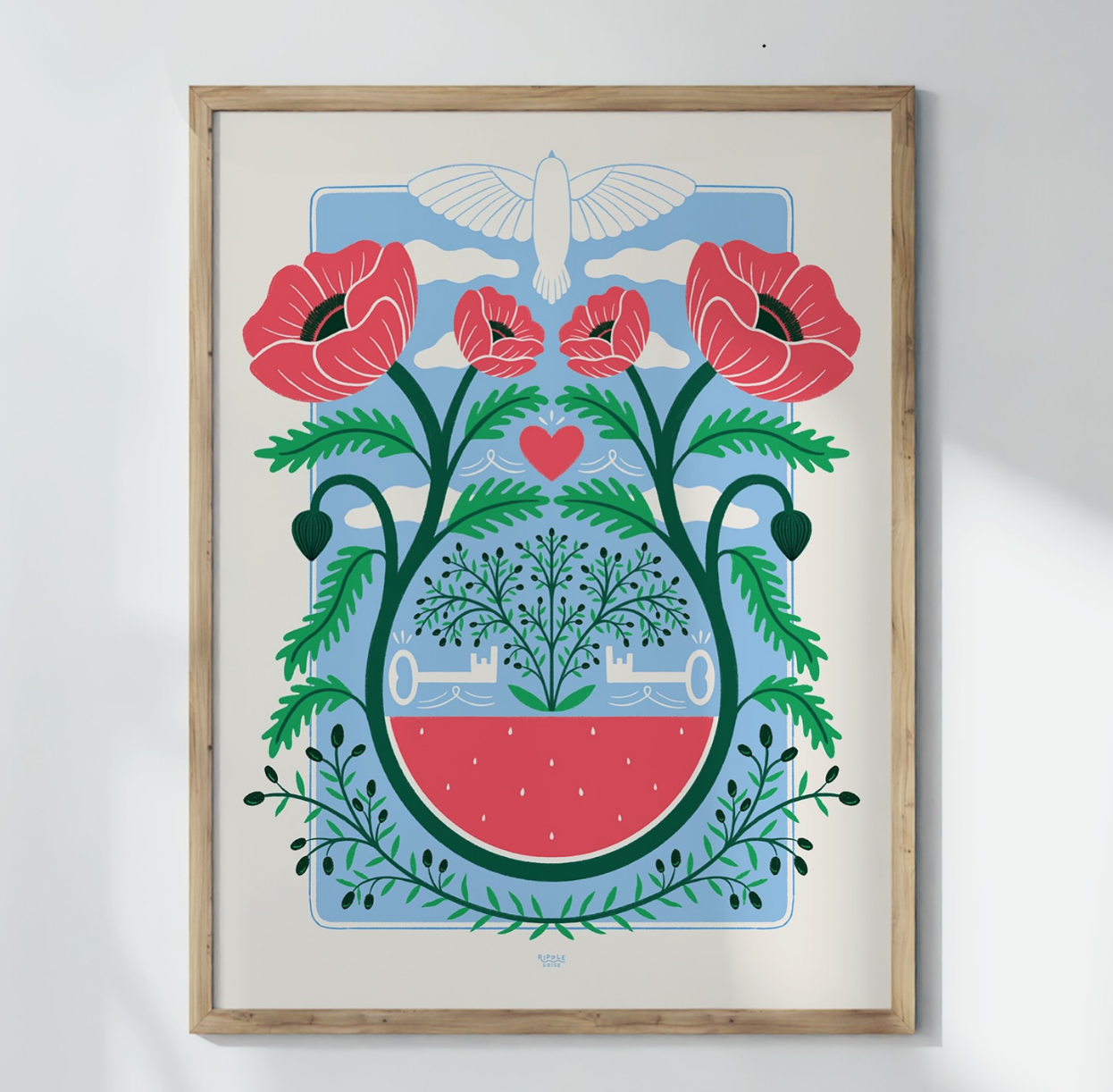 A beautiful art print of poppies, olive branches and a dove by local artist Ripple and Rise